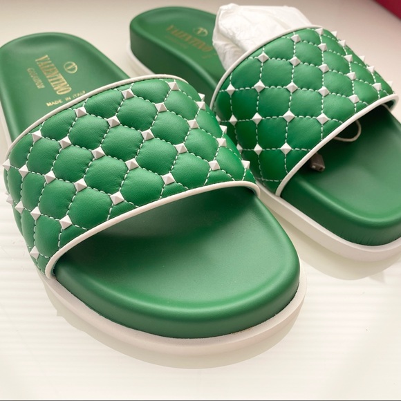 Valentino Garavani Rockstud Quilted Green Leather Sandals SZ 6 - Picture 6 of 10